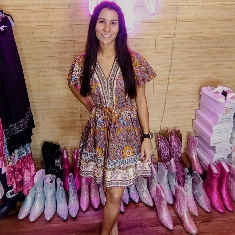 Elegant Paisley Print Mini Dress in Purple and Orange